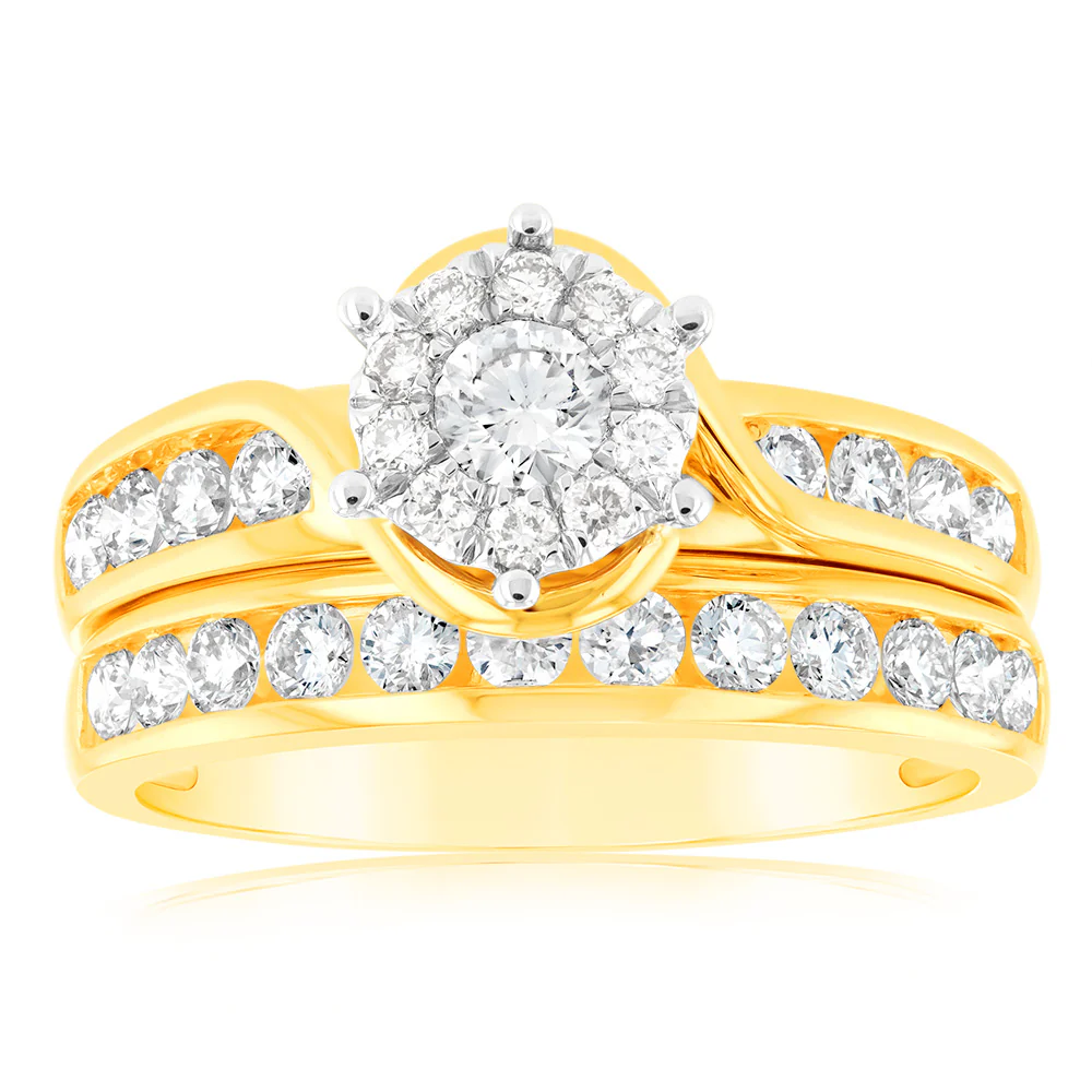 1 Carat Diamond 2-Ring Bridal Set in 9ct Yellow Gold