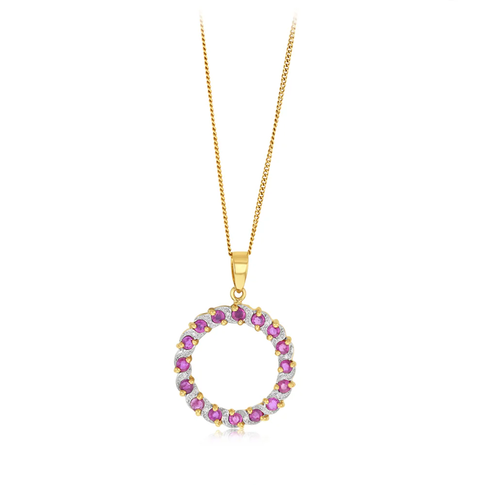 1 Carat Ruby and Diamond Circle Pendant in 9ct Yellow Gold