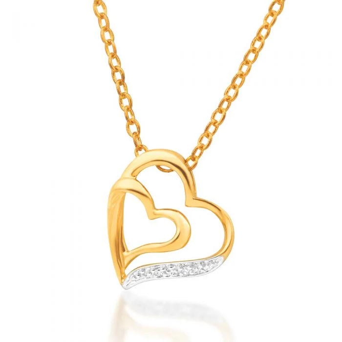 9ct Elegant Yellow Gold 2 Diamonds Heart Pendant