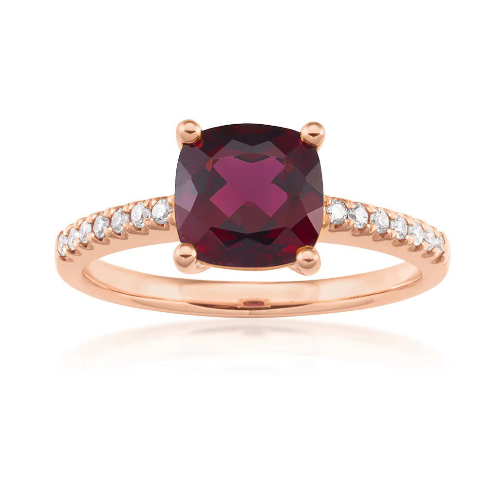 9ct Rose Gold 7mm Cushion Cut Rhodolite Garnet Ring with 0.11ct Diamonds