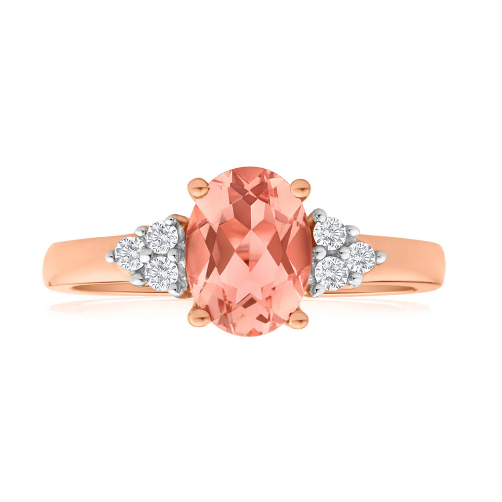 9ct Rose Gold Morganite 8x6mm and Diamond Ring