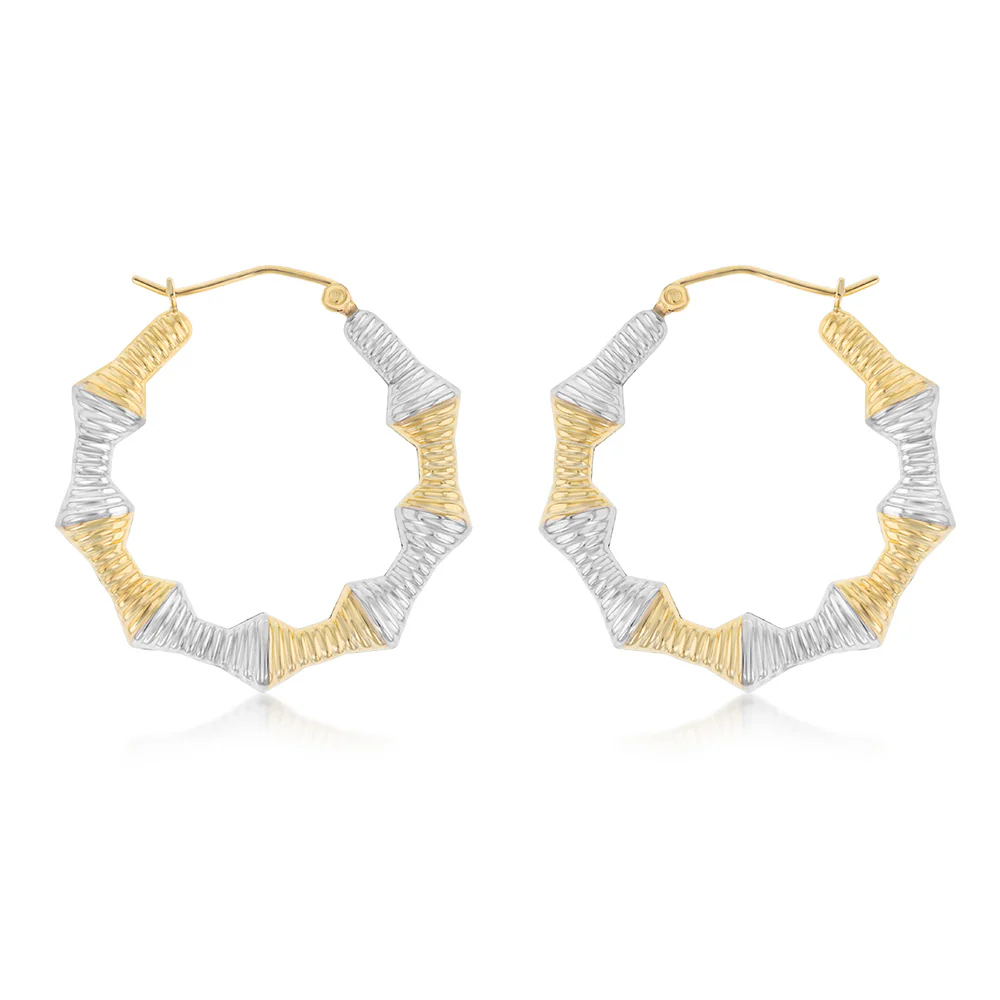 9ct Two Tone Gold Silverfilled Ribbed Bamboo Hoop Earrings