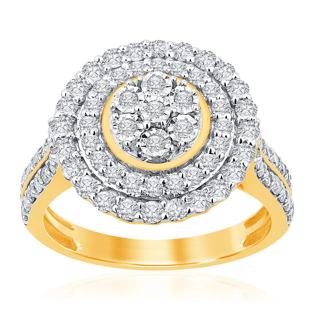 9ct Yellow Gold 1 Carat Diamond Round Shape Cluster Ring