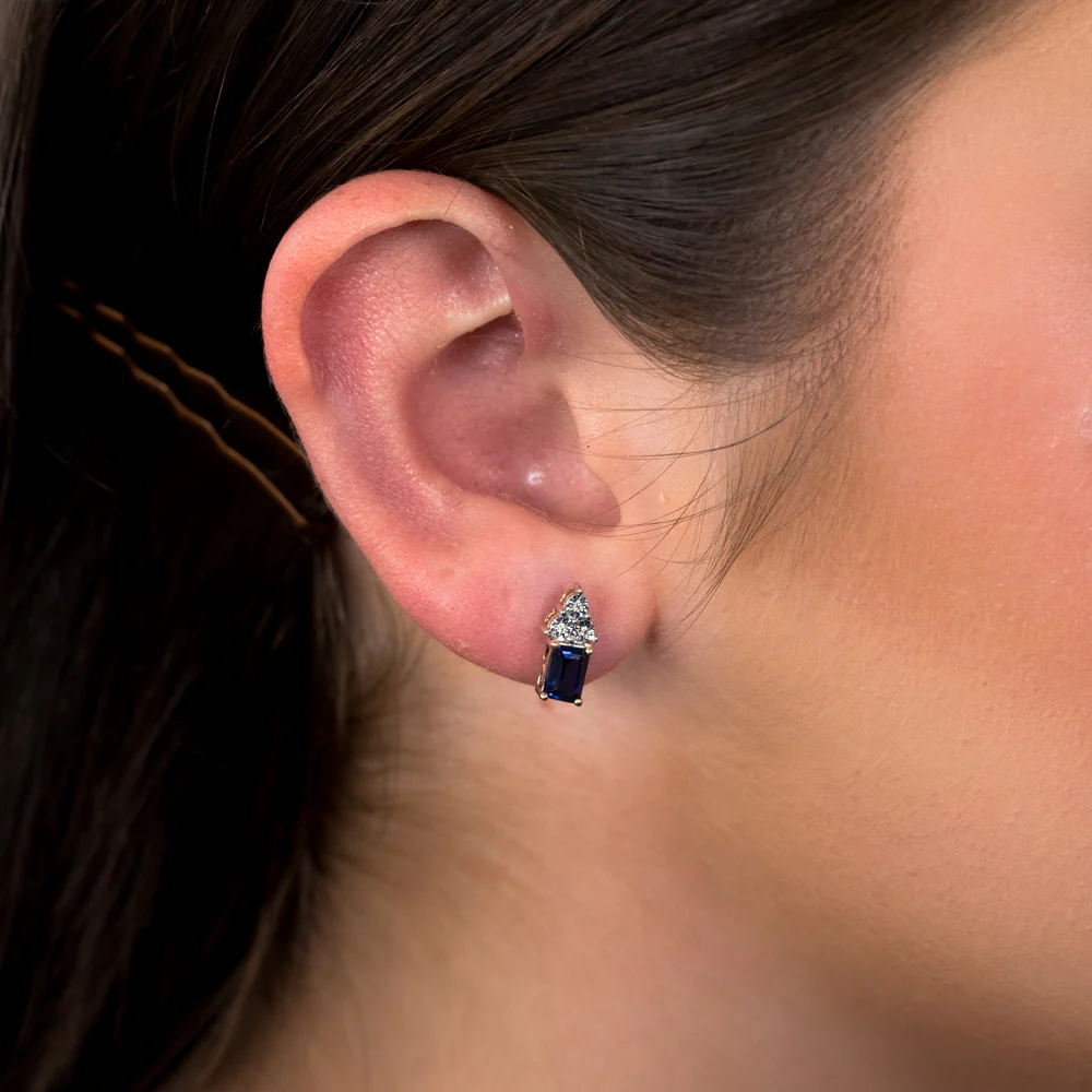 9ct Yellow Gold 6mm Created Sapphire And Diamond Stud Earrings - Image 2