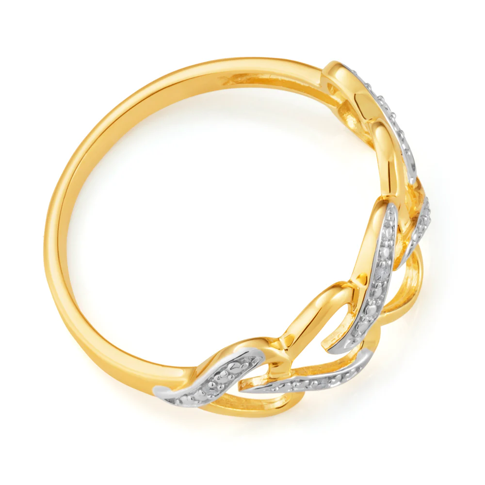 9ct Yellow Gold Carat Interlocking Heart Diamond Ring with 5 Diamonds - Image 2