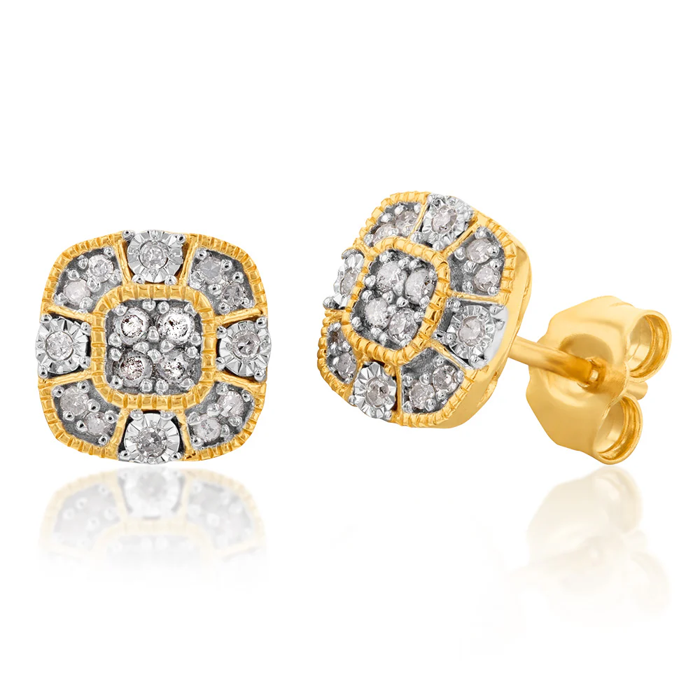 9ct Yellow Gold Cushion Shape Cluster Diamond Stud Earrings