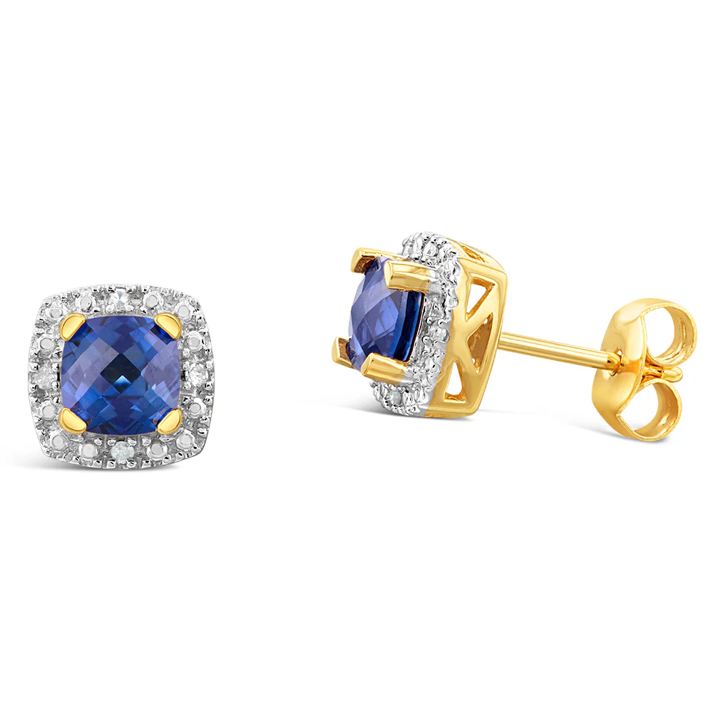 9ct Yellow Gold Diamond And Blue Sapphire Stud Earrings