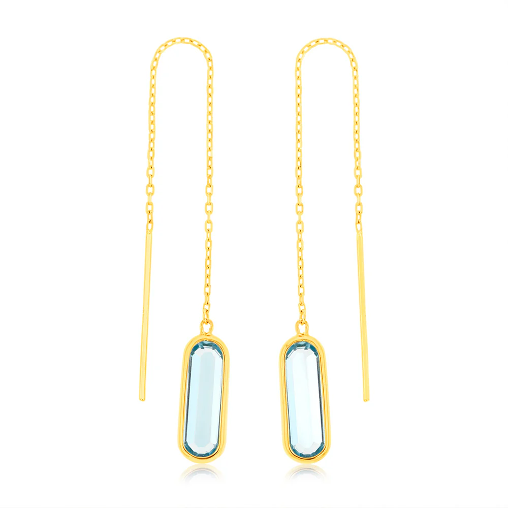 9ct Yellow Gold Natural Blue Topaz Threader Drop Earrings