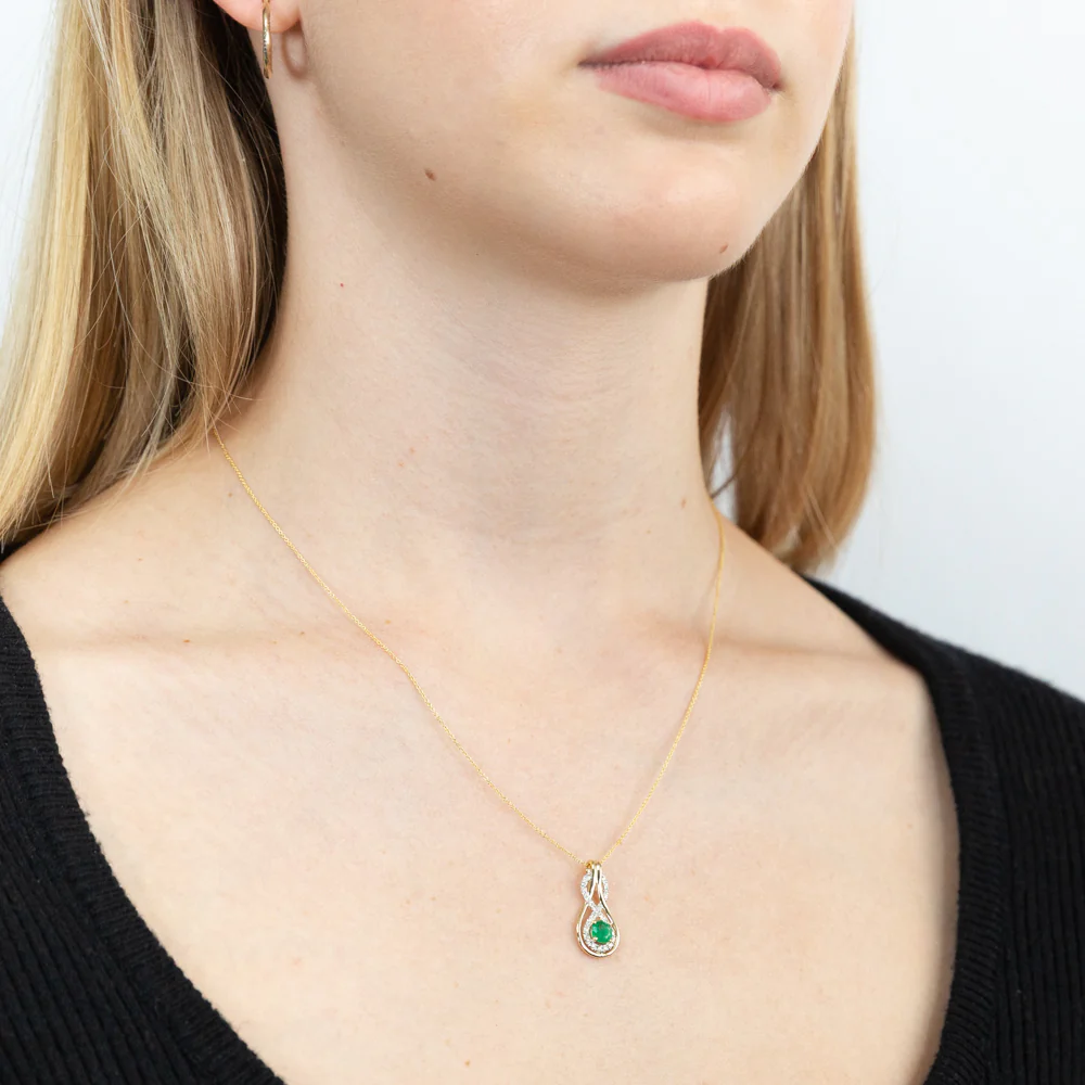 9ct Yellow Gold Natural Emerald 5mm + Diamond 0.22ct Infinity Pendant + 45cm Chain - Image 2