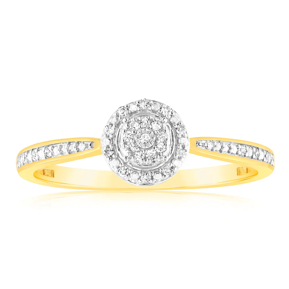 9ct Yellow Gold Ring Diamond Cluster Ring with 33 Brilliant Cut Diamond