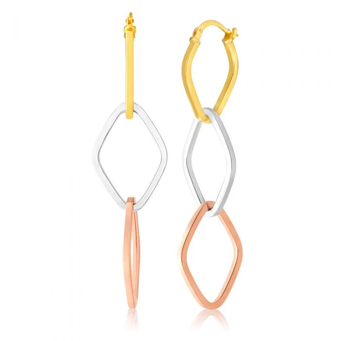 9ct Yellow Gold Silver Filled 3 Oval Ring Drop Earrings