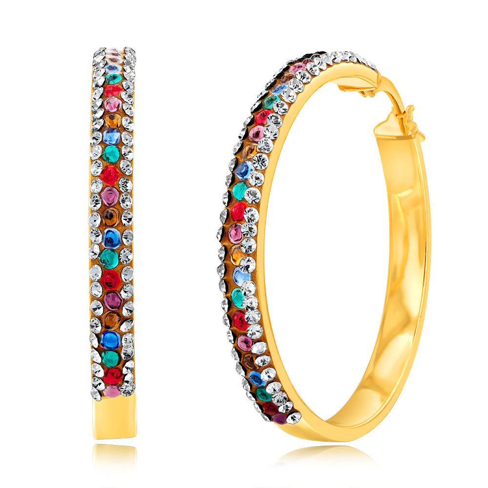 9ct Yellow Gold Silver Filled Multicolour And White Crystal 30mm Broad Hoop Earrings