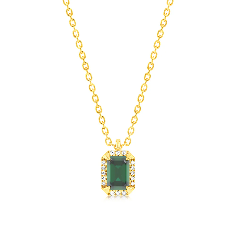 Created Emerald and Diamond Pendant in 9ct Yellow Gold