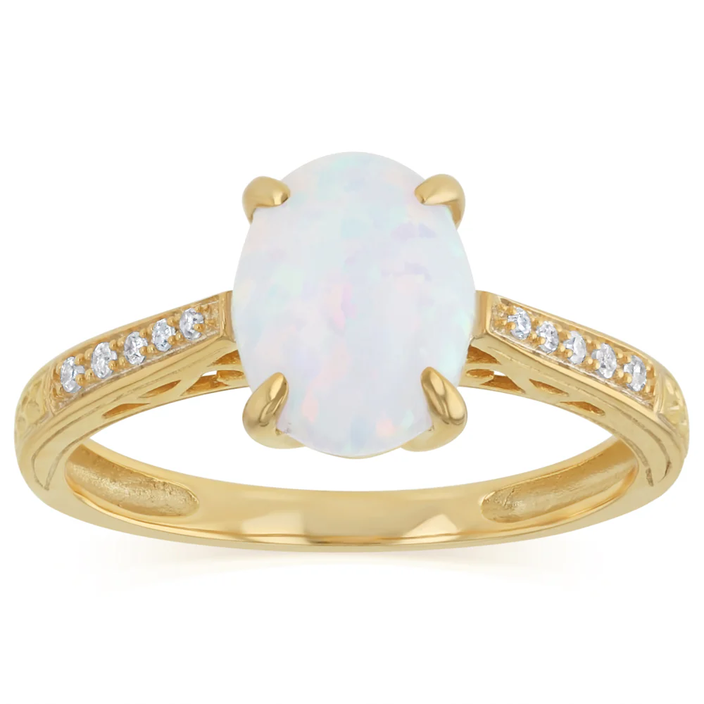 Created Opal and Diamond Ring in Gold Plated Silver