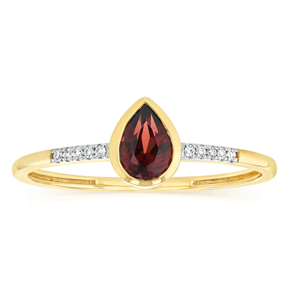 Created Red Garnet and Diamond Ring in 9ct Yellow Gold