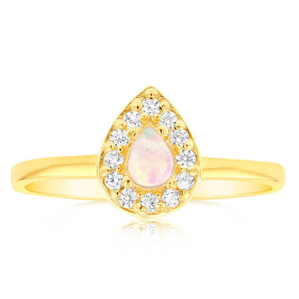 Gold Plated Sterling Silver Pear Created Opal White Cubic Zircornia Ring