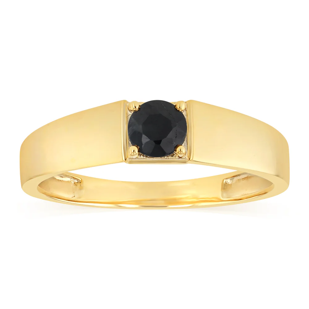 Natural Black Sapphire Gents Ring in Gold Plated Sterling Silver