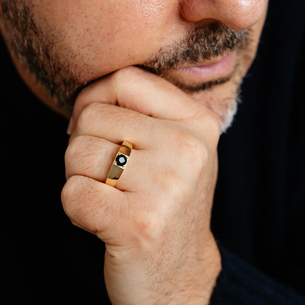 Natural Black Sapphire Gents Ring in Gold Plated Sterling Silver - Image 3
