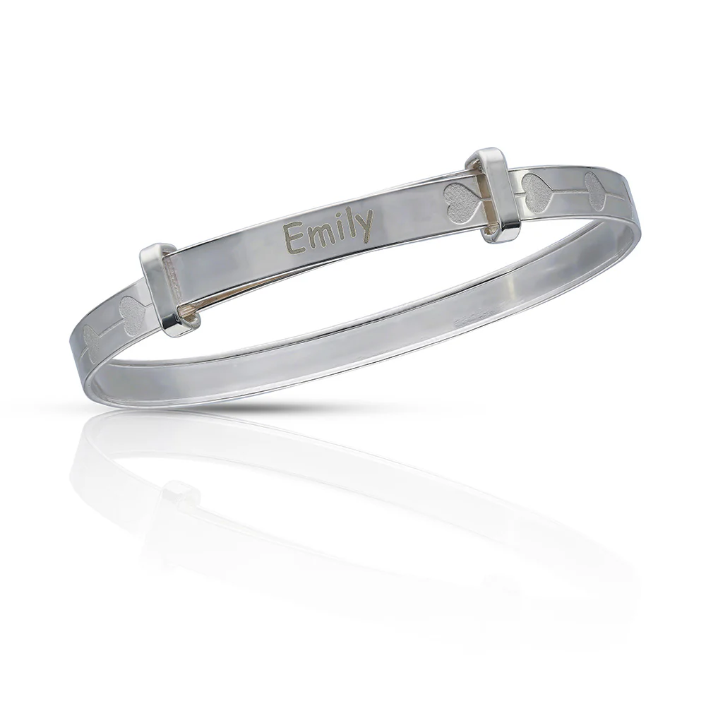 Personalised Engravable Flower Patterned Baby Bangle in Sterling Silver