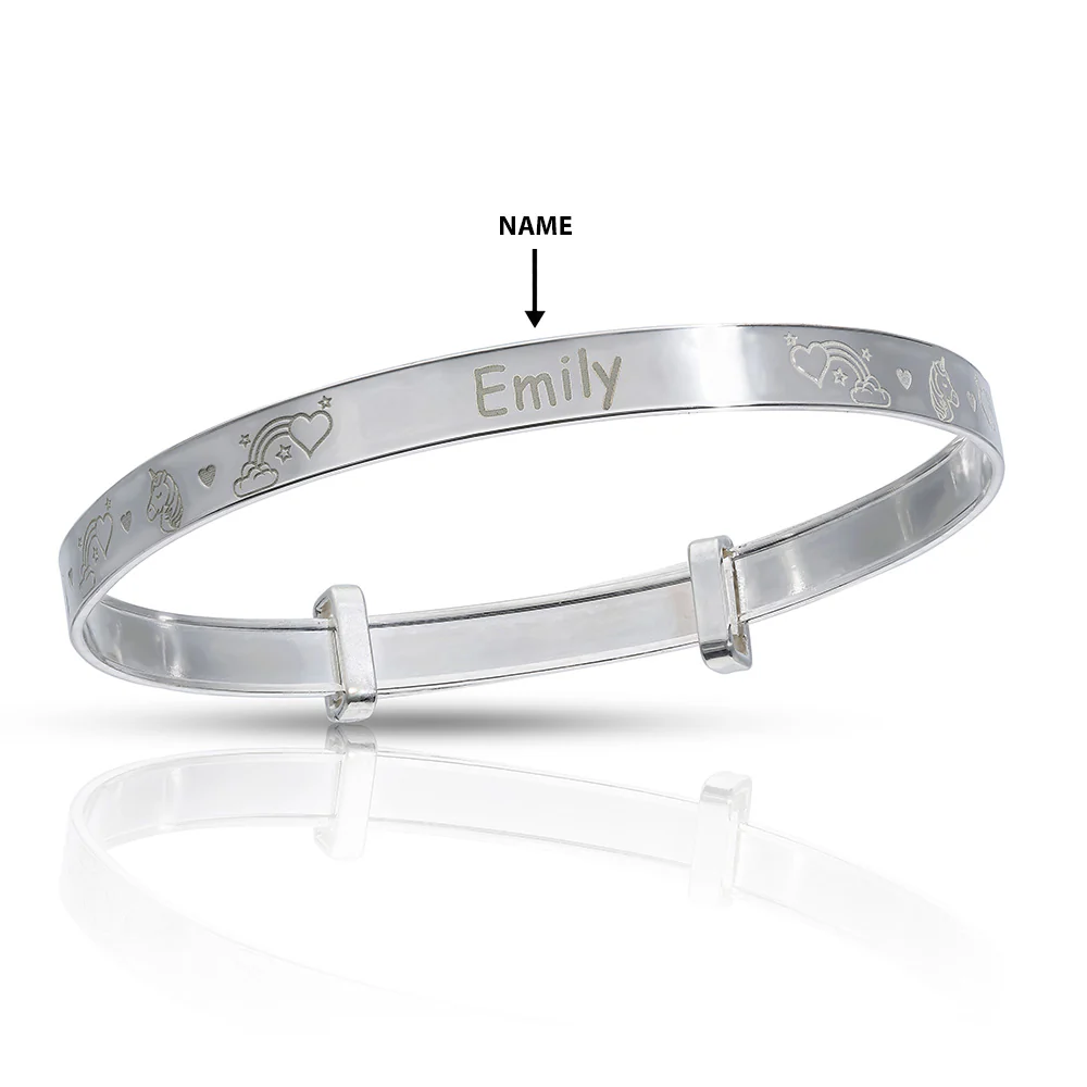 Personalised Engravable Unicorn Patterned Baby Bangle in Sterling Silver - Image 2