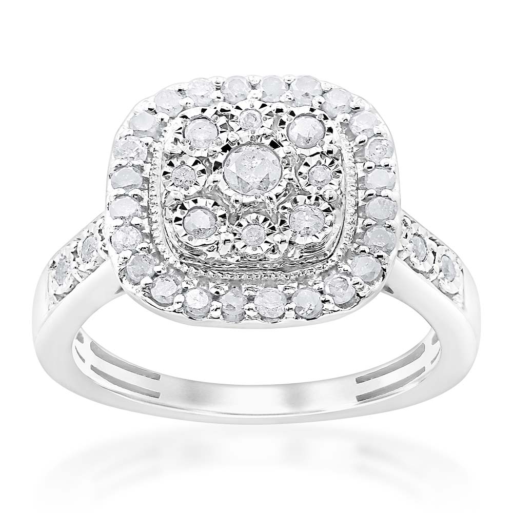 Sterling Silver 1/2 Carat Diamond Cushion Shape Cluster Ring