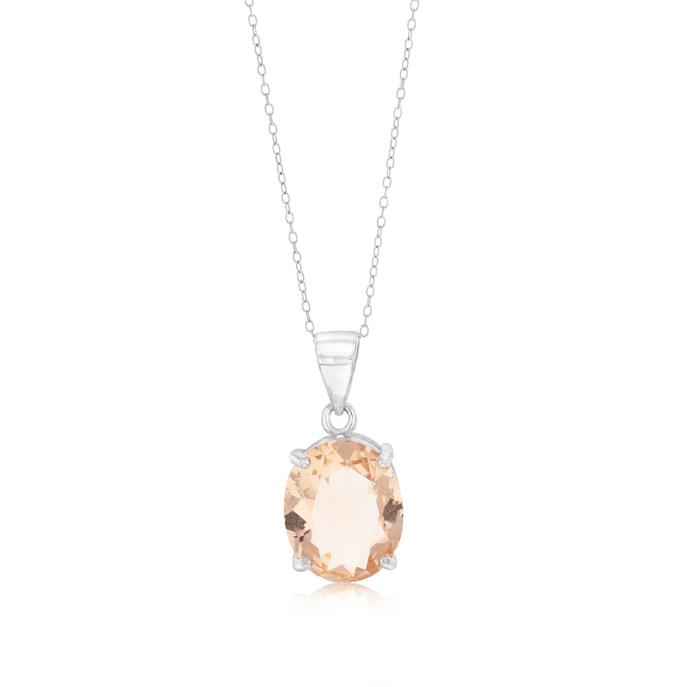 Sterling Silver Oval Created Morganite Pendant On Chain